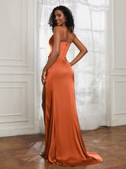 Scoop Neckline Spaghetti Straps Dress With Slit Rust