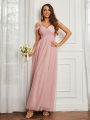 Cap Sleeve Tulle Ruched Floor-length Dress Dusty Rose