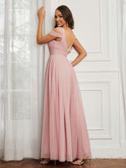 Cap Sleeve Tulle Ruched Floor-length Dress Dusty Rose