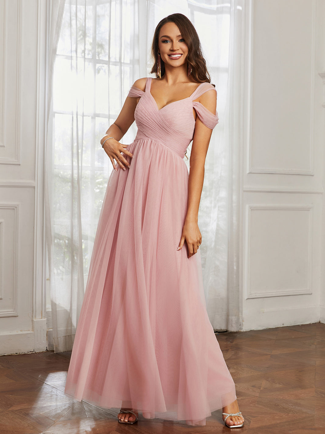 Dusty Sage Tulle Floor Length Off-the-Shoulder Dress