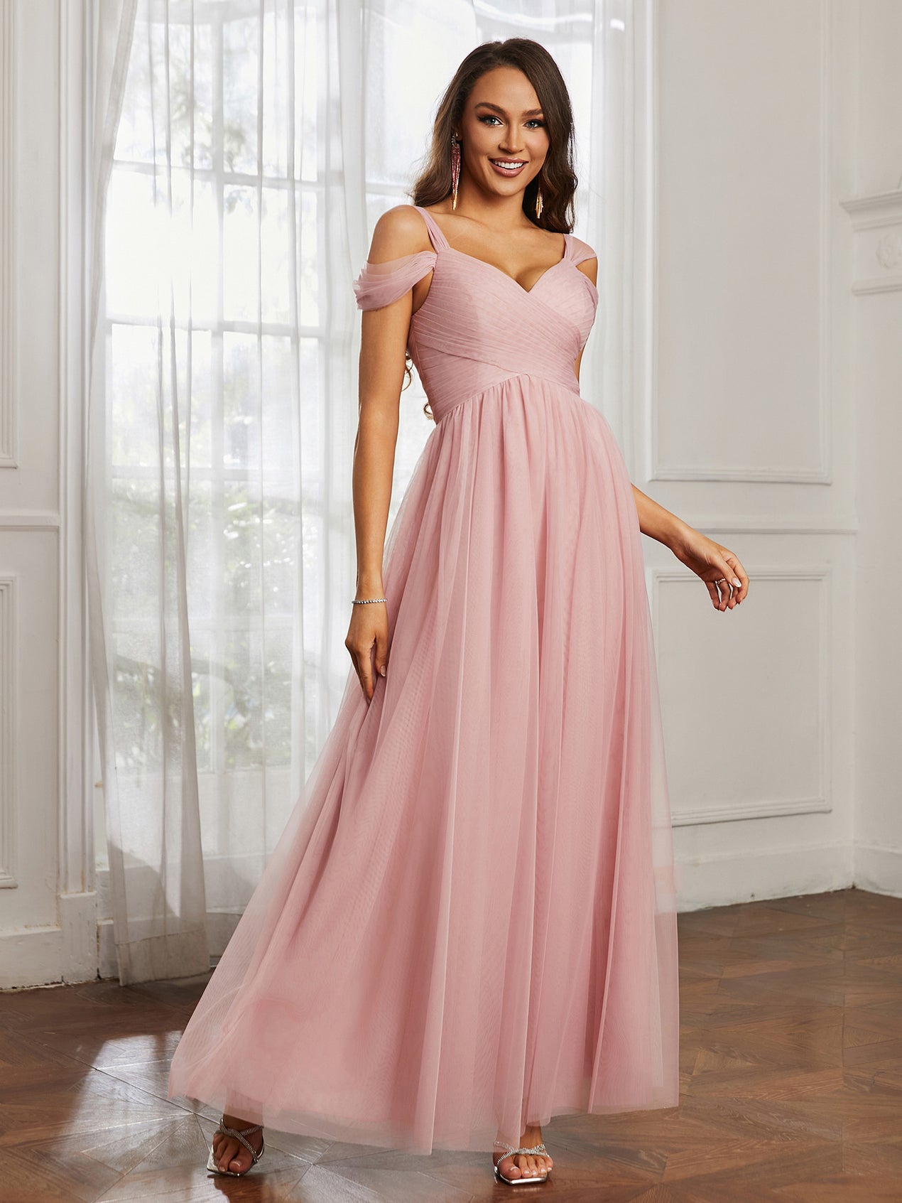 BABARONI Tulle Dusty Rose Bridesmaid Dresses Off-the-shoulder Floor