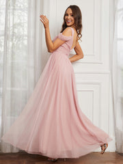 Cap Sleeve Tulle Ruched Floor-length Dress Dusty Rose