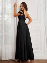 Cap Sleeve Tulle Ruched Floor-length Dress Black