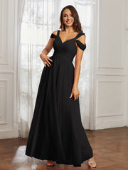Cap Sleeve Tulle Ruched Floor-length Dress Black