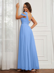 Cap Sleeve Tulle Ruched Floor-length Dress Blue Plus Size