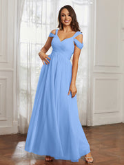 Cap Sleeve Tulle Ruched Floor-length Dress Blue Plus Size