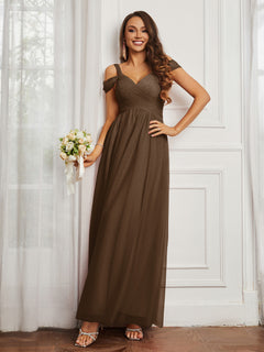 Cap Sleeve Tulle Ruched Floor-length Dress Brown
