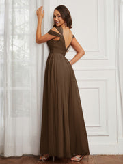 Cap Sleeve Tulle Ruched Floor-length Dress Brown Plus Size
