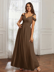 Cap Sleeve Tulle Ruched Floor-length Dress Brown