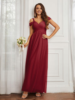 Cap Sleeve Tulle Ruched Floor-length Dress Burgundy