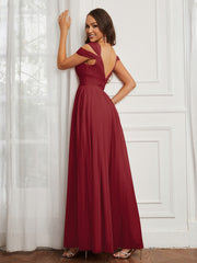 Cap Sleeve Tulle Ruched Floor-length Dress Burgundy