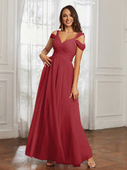 Cap Sleeve Tulle Ruched Floor-length Dress Burgundy Plus Size