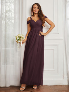 Cap Sleeve Tulle Ruched Floor-length Dress Cabernet