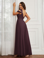 Cap Sleeve Tulle Ruched Floor-length Dress Cabernet Plus Size