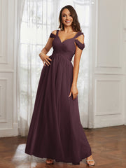 Cap Sleeve Tulle Ruched Floor-length Dress Cabernet