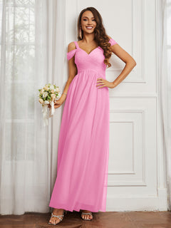 Cap Sleeve Tulle Ruched Floor-length Dress Candy Pink