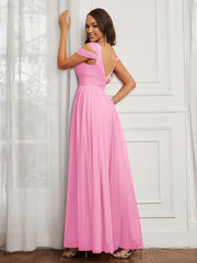 Cap Sleeve Tulle Ruched Floor-length Dress Candy Pink