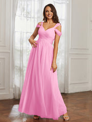 Cap Sleeve Tulle Ruched Floor-length Dress Candy Pink