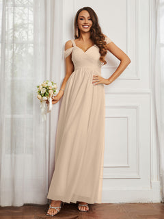 Cap Sleeve Tulle Ruched Floor-length Dress Champagne