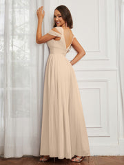 Cap Sleeve Tulle Ruched Floor-length Dress Champagne
