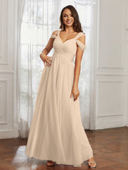 Cap Sleeve Tulle Ruched Floor-length Dress Champagne Plus Size