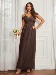 Cap Sleeve Tulle Ruched Floor-length Dress Chocolate