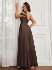 Cap Sleeve Tulle Ruched Floor-length Dress Chocolate