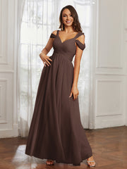 Cap Sleeve Tulle Ruched Floor-length Dress Chocolate