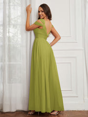 Cap Sleeve Tulle Ruched Floor-length Dress Clover
