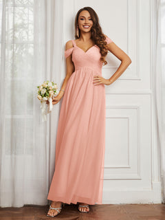 Cap Sleeve Tulle Ruched Floor-length Dress Coral