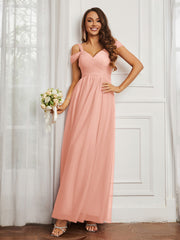Cap Sleeve Tulle Ruched Floor-length Dress Coral