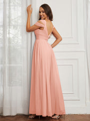 Cap Sleeve Tulle Ruched Floor-length Dress Coral