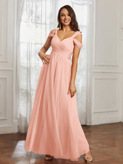 Cap Sleeve Tulle Ruched Floor-length Dress Coral