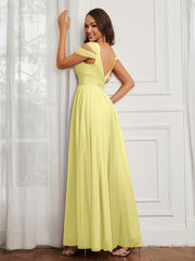 Cap Sleeve Tulle Ruched Floor-length Dress Daffodil