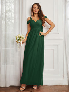 Cap Sleeve Tulle Ruched Floor-length Dress Dark Green