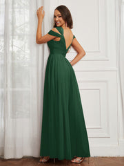 Cap Sleeve Tulle Ruched Floor-length Dress Dark Green