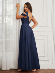 Cap Sleeve Tulle Ruched Floor-length Dress Dark Navy