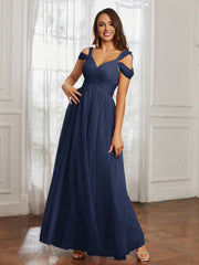 Cap Sleeve Tulle Ruched Floor-length Dress Dark Navy Plus Size