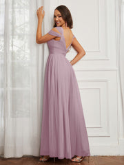 Cap Sleeve Tulle Ruched Floor-length Dress Dusk