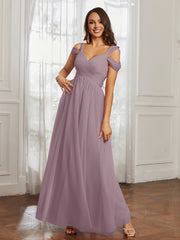Cap Sleeve Tulle Ruched Floor-length Dress Dusk
