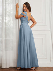 Cap Sleeve Tulle Ruched Floor-length Dress Dusty Blue Plus Size