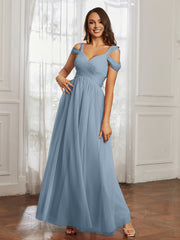 Cap Sleeve Tulle Ruched Floor-length Dress Dusty Blue