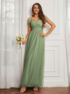 Cap Sleeve Tulle Ruched Floor-length Dress Dusty Sage Plus Size