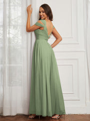 Cap Sleeve Tulle Ruched Floor-length Dress Dusty Sage Plus Size