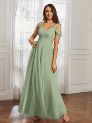 Cap Sleeve Tulle Ruched Floor-length Dress Dusty Sage Plus Size
