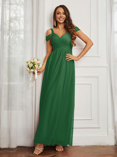 Cap Sleeve Tulle Ruched Floor-length Dress Emerald
