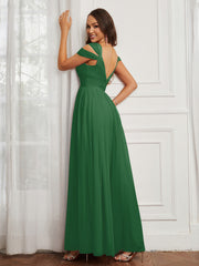 Cap Sleeve Tulle Ruched Floor-length Dress Emerald