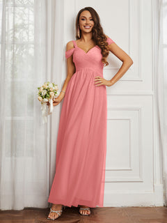 Cap Sleeve Tulle Ruched Floor-length Dress Flamingo