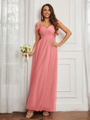Cap Sleeve Tulle Ruched Floor-length Dress Flamingo