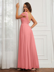 Cap Sleeve Tulle Ruched Floor-length Dress Flamingo